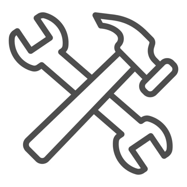 Gekruiste hamer en moersleutel icoon. Reparatie gereedschap en werknemer apparatuur symbool, omtrek stijl pictogram op witte achtergrond. Bouwbord voor mobiel concept, webdesign. vectorgrafieken. — Stockvector
