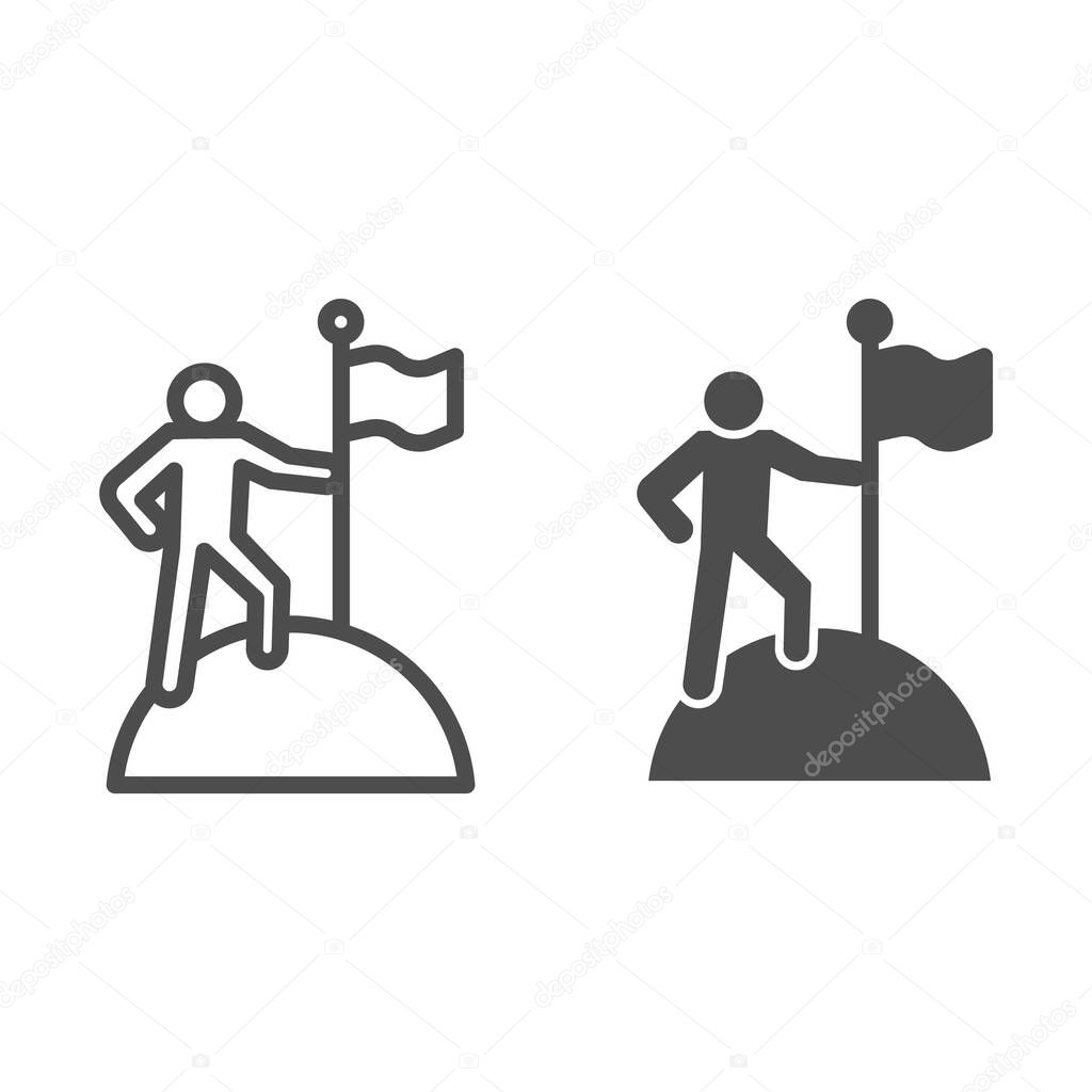 Man on top of mountain with flag line and solid icon. Discoverer, victory person symbol, outline style pictogram on white background. Teamwork sign for mobile concept and web design. Vector graphics.