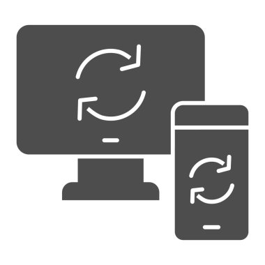 Aygıtlar arasındaki senkronizasyon katı simge. Bilgisayarla ve akıllı telefonla eşli bağlantı. Çokluortam vektör tasarımı konsepti, beyaz arkaplan üzerinde glyph tarzı pictogram, web ve uygulama için kullan. Eps 10.