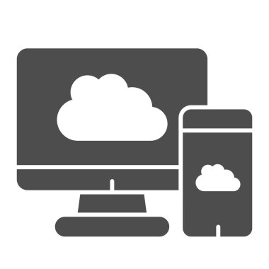 Aygıtları sağlam simge yükle. Bilgisayar ve akıllı telefon arasında bulut senkronizasyonu. İnternet teknolojisi vektör tasarımı konsepti, beyaz arka planda glyph stili pictogram, web ve uygulama için kullan. Eps 10.