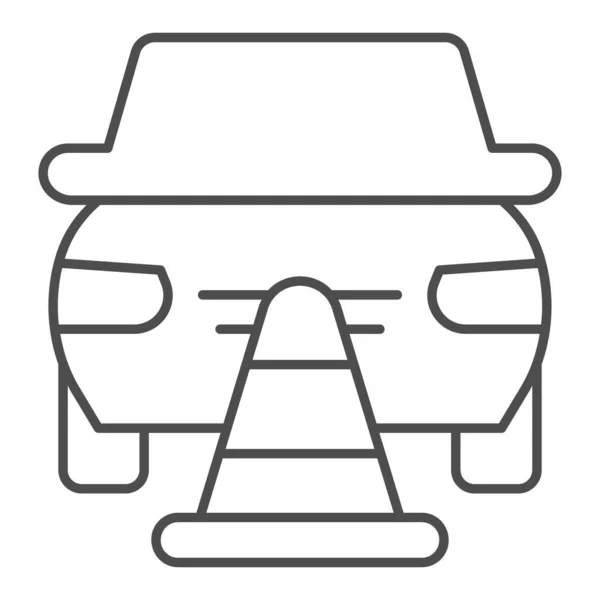 汽车细线图标紧急停车.汽车与小心帽符号,轮廓风格象形文字白色背景.道路撞车和事故标志为移动概念和网页设计。矢量图形. — 图库矢量图片