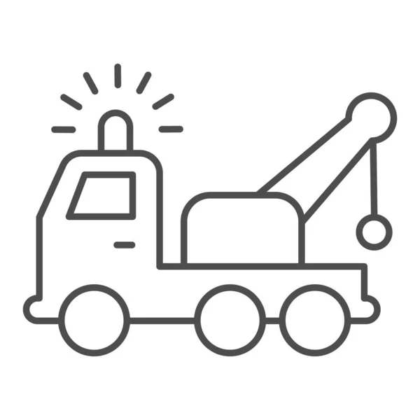 Camion remorque mince icône de ligne. Récupération de véhicule avec grue et sirène signal symbole, pictogramme de style contour sur fond blanc. Panneau d'accident de la route pour concept mobile et web design. Graphiques vectoriels . — Image vectorielle