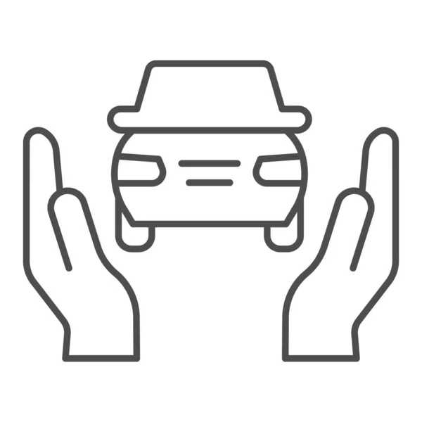 Kfz-Haftpflichtversicherung. Auto-Schutz, unterstützt durch zwei Hände-Symbol, umreißt Stil-Piktogramm auf weißem Hintergrund. Verkehrsunfallschild für mobiles Konzept und Webdesign. Vektorgrafik. — Stockvektor