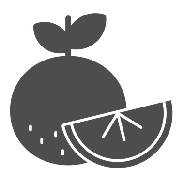 Turuncu ve dilimlenmiş katı bir ikon. Taze olgun portakallar ve beyaz arka planda glifli resim. Mobil konsept ve web tasarımı için kış meyve vitaminleri. Vektör grafikleri.