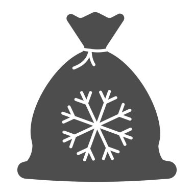 Kar tanesi torbası katı bir ikon. Beyaz arka planda hediye çantası glifli resim. Mobil konsept ve web tasarımı için hediyeli Noel çantası ve kar tanesi imajı. Vektör grafikleri.