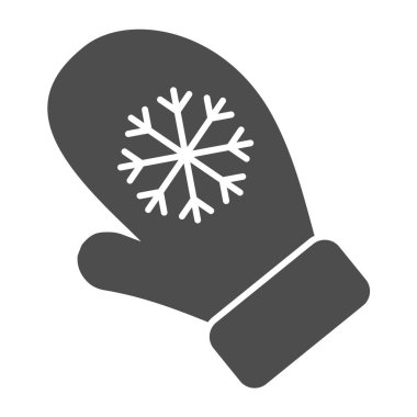 Kar tanesi eldivenleri katı bir ikon. Beyaz arka planda kışın örülmüş eldiven kabartma şekli. Mobil konsept ve web tasarımı için Noel sezonluk el bezi. Vektör grafikleri.