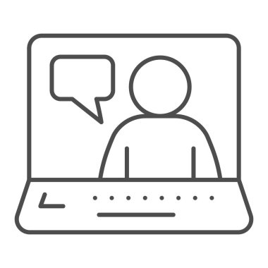 Çevrimiçi iş görüşmesi ince çizgi ikonu. Beyaz arkaplanda aday taslak biçiminde resim içeren video konferansı. Mobil konsept ve web tasarımı için dizüstü bilgisayarda kişi ve diyalog. Vektör grafikleri.