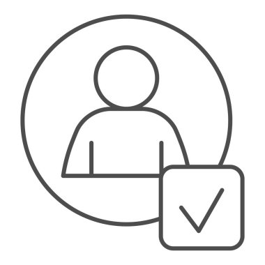 İşaretli uygulama formu ince çizgi simgesi. Beyaz arkaplanda yuvarlak şekilli ve işaret kutucuğu ana hatlı pictogram biçiminde aday. Mobil konsept ve web tasarımı için kafa avcılığı. Vektör grafikleri.