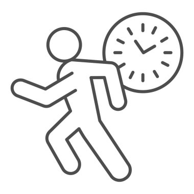 İşe geç kalmak ya da ince çizgi ikonuyla buluşmak. Beyaz arka planda çalışan adamın silueti ve çizimi. Mobil konsept ve web tasarımı için çalışma zamanı. Vektör grafikleri.