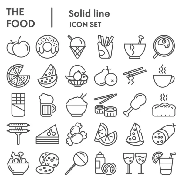 Yiyecek içecek çizgisi simgesi seti. Gıda ve içecek tabelaları koleksiyonu veya çizimleri, logo çizimleri, web sembolleri, beyaz arkaplanda izole edilmiş taslak stil piktogramlar paketi. Vektör grafikleri. — Stok Vektör