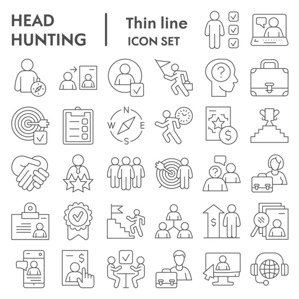 Head hunting thin line icon set. Job and office collection or sketches, symbols. Corporate business signs for web, outline style pictogram package isolated on white background. Vector graphic. — Stock Vector