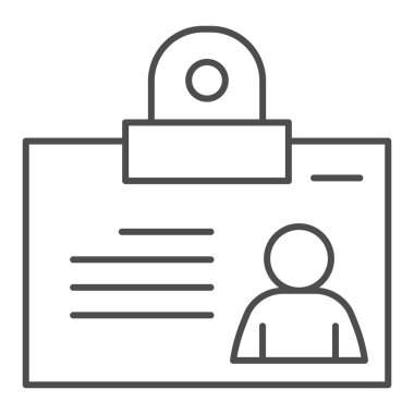 Kişisel Rozet ince çizgi ikonu. Beyaz arkaplanda nesne taslak resim çizimi için fotoğraf içeren kimlik kartı. Cep telefonu konsepti ve web tasarımı için kopçası olan kimlik kartı. Vektör grafikleri.