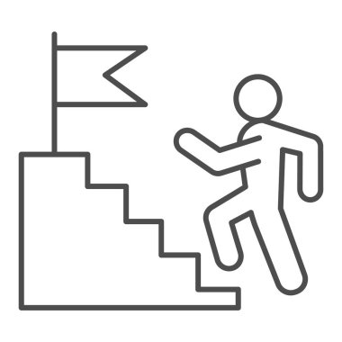 Kariyer merdiveni ince çizgi ikonu. Beyaz zemin üzerinde bayrak kaidesinin üzerine tırmanan adam resmi çiziyor. Mobil konsept ve web tasarımı için iş rekabeti. Vektör grafikleri.