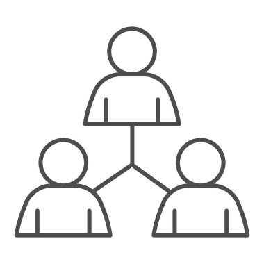 İnsanlar toplum ağı ince çizgi ikonu. Üç kişilik bir grup beyaz arkaplanda resim çizgisi çiziyor. Mobil konsept ve web tasarımı için takım çalışması logosu. Vektör grafikleri.