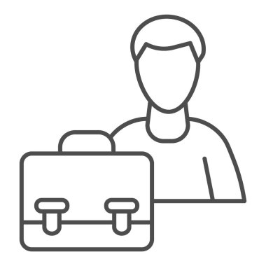 Erkek silueti ve evrak çantası ince çizgi ikonu. Aday iş portföyü beyaz arkaplanda resim çizimi. Mobil konsept ve web tasarımı için insan ve ofis çantası. Vektör grafikleri.