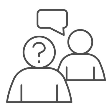 İş görüşmesi ince çizgi ikonu. Kabarcıklı iki insan silueti ve beyaz arka planda ana hatlarıyla resim çizimi. İnsanlar mobil konsept ve web tasarımı için iletişim kuruyor. Vektör grafikleri.