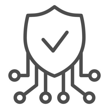 Doğrulanmış amblem çizgisi simgesi. Bağlantıları olan rozeti, geçerli temas sembolünü, beyaz arkaplanda ana hatlı resim grafiğini kontrol et. Mobil konsept ve web tasarımı için takım çalışması işareti. Vektör grafikleri.