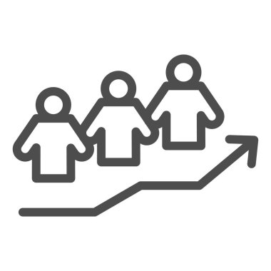 Şirket çizgisi simgesinde büyüme. Kariyer merdiveni, yukarı ok ve üç kişilik sembol, beyaz arka planda ana hatlı resim. Mobil konsept ve web tasarımı için takım çalışması işareti. Vektör grafikleri.