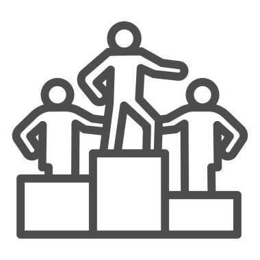 Kazanan çizgi ikonlu yayalar. Podyum, kariyer merdiveni ve takım sembolü, beyaz arka planda ana hatlı resim. Mobil konsept ya da web tasarımı için takım çalışması ya da spor işareti. Vektör grafikleri.