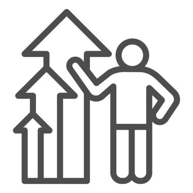 Kişisel büyüme çizgisi simgesi. Kariyer başarısı ve patron, oklar yukarı ve erkek sembolü, beyaz arka planda resim çizimi. Mobil konsept ve web tasarımı için takım çalışması işareti. Vektör grafikleri.