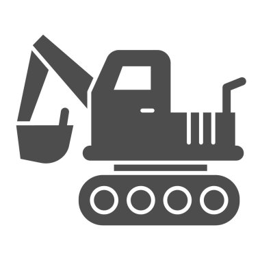Kazı aracı katı bir simge. Turna forklift yükleyici ve kazıcı kamyon sembolü, beyaz arka planda kabartma şekilli resim. Mobil konsept ve web tasarımı için inşaat tabelası. Vektör grafikleri.