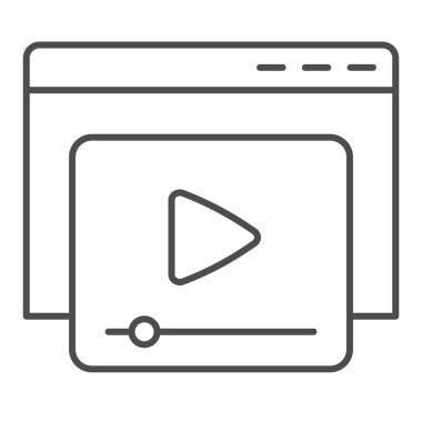 Video içeriği penceresi ince çizgi simgesi. Oyuncuyla çevrimiçi video izlemenin site formu. Tarayıcı vektör tasarımı konsepti, beyaz arkaplan üzerinde taslak biçim piktogramı, web ve uygulama için kullan. Eps 10.