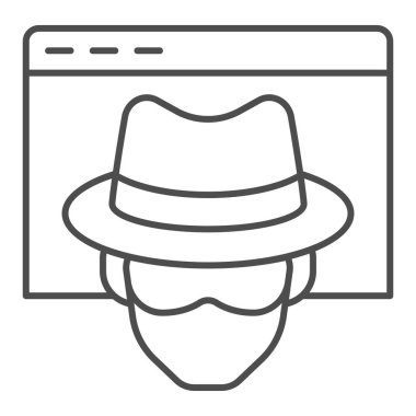 Anonim tarayıcı ince çizgi simgesi. Kötü niyetli internet sörfçüsü kılığına girmiş bir pencere. Veri güvenliği vektör tasarımı konsepti, beyaz arka planda ana hatlı resim çizimi, web ve uygulama için kullanım. Eps 10.