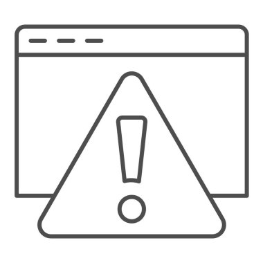 Web sayfası ince satır simgesindeki hata iletisi. Dikkat üçgeni olan bir site. Bilgi teknolojisi vektör tasarımı konsepti, beyaz arkaplan üzerinde taslak biçim piktogramı, web ve uygulama için kullan. Eps 10.