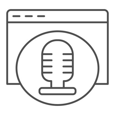 Ses kaydı web sayfası ince çizgi simgesi. Mikrofonlu ses kaydedici uygulama. Çokluortam web sitesi vektör tasarımı konsepti, beyaz arka planda taslak biçim piktogramı, web ve uygulama için kullan. Eps 10.