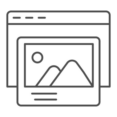 İniş sayfası ince çizgi simgesi. Resim galerisi olan bir site. Çoklu ortam vektör tasarımı konsepti, beyaz arkaplan üzerinde taslak biçim piktogramı, web ve uygulama için kullan. Eps 10.