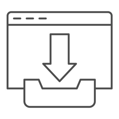 Pencere ince çizgi simgesi indir. Dosya yükleme işareti olan tarayıcı sayfası. İnternet teknolojisi vektör tasarımı konsepti, beyaz arka planda ana hatlı resim çizimi, web ve uygulama için kullanım. Eps 10.