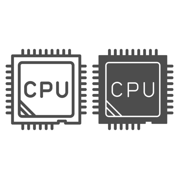 Baris prosesor dan ikon padat. Chip atau microchip, pusat pemrosesan simbol unit, outline gaya pictogram pada latar belakang putih. Tanda Benchmark untuk konsep mobile dan desain web. Grafis vektor. - Stok Vektor