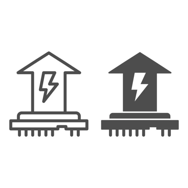 Línea de consumo de energía de la CPU e icono sólido. Microchip y flecha hacia arriba con símbolo de energía, pictograma de estilo de contorno sobre fondo blanco. Signo de evaluación comparativa para el concepto móvil y el diseño web. Gráficos vectoriales . — Archivo Imágenes Vectoriales