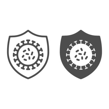 Koronavirüs bakterisi kalkan çizgisinde ve katı ikonda. Beyaz arka planda grip mikrobu taslak resim çiziminden muaf. Gezici konsept ve web tasarımı için Coronavirus koruma kalkanı. Vektör grafikleri.