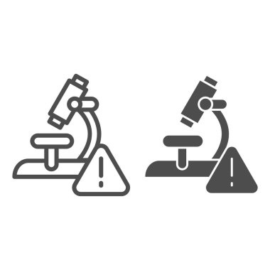 Mikroskop, alarm üçgeni ve sağlam ikon. Alarm analizi sonuçları beyaz arkaplanda resim çizimi şeklinde. Gezici konsept ve web tasarımı için virüs araştırma mikroskobu. Vektör grafikleri.