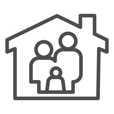 Ev çizgisi ikonu olarak kal. Beyaz arka planda aile resmi çizilmiş. Mobil konsept ve web tasarımı salgını sırasında evde kalmak. Vektör grafikleri.