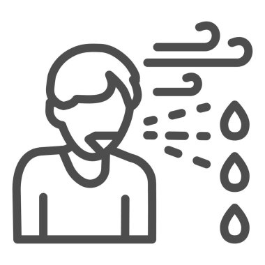 Adam hapşırır ya da öksürük çizgisi simgesi olur. Birisi beyaz arka planda ana hatlı piktogram şeklinde bir virüsü havaya püskürtür. Sputum corona virüsü mobil konsept ve web tasarımı için yayıldı. Vektör grafikleri.