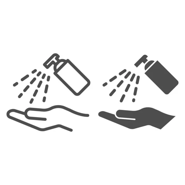 Antiseptische alcoholspray lijn en solide pictogram. Schone hand met hygiënische gel outline stijl pictogram op witte achtergrond. Sanitize om Covid-19 voor mobiel concept en webdesign te voorkomen. vectorgrafieken. — Stockvector