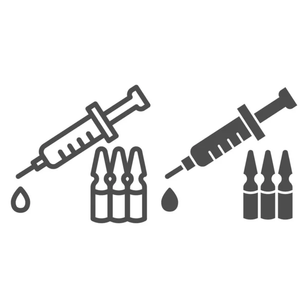 Linha de seringas e ampolas e ícone sólido. Pictograma de estilo do esquema vacinal Covid-19 sobre fundo branco. Injeção de antivírus para conceito móvel e web design. Gráficos vetoriais . — Vetor de Stock