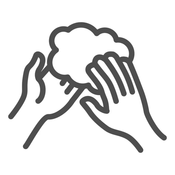 Mãos e ícone de linha de espuma. Lavando a higiene das mãos com pictograma estilo contorno de sabão no fundo branco. Prevenção de cuidados de saúde contra o vírus para o conceito móvel e web design. Gráficos vetoriais . — Vetor de Stock