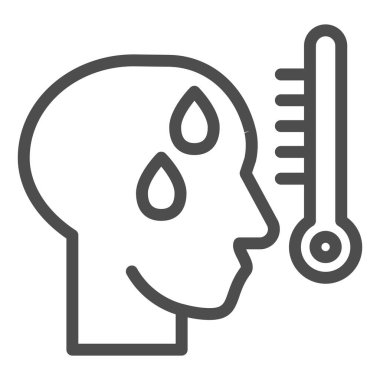 Ateş hattı ikonu olan bir insan. Beyaz arka planda termometre hatlı piktogramda yüksek sıcaklıkta bir adam kafası. Mobil konsept ve web tasarımı için Covid 19 semptomları. Vektör grafikleri.