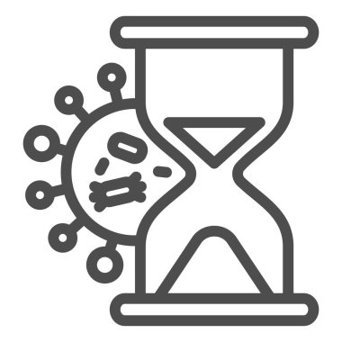 Coronavirus bakterisi ve kum saati çizgisi simgesi. Beyaz arka planda virüs anahatlarının hızlı yayılması. Mobil konsept ve web tasarımı için covid-19 'u durduracak zaman yok. Vektör grafikleri.