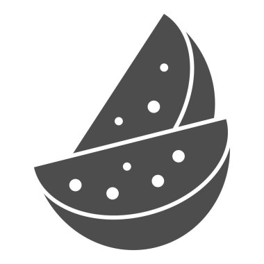 Karpuz katı simgesi. İki porsiyon karpuz çizimi beyaza izole edilmiş. İki büyük karpuz dilimi tohum kabartma stili tasarlanmış, ağ ve uygulama için tasarlanmış. Eps 10.