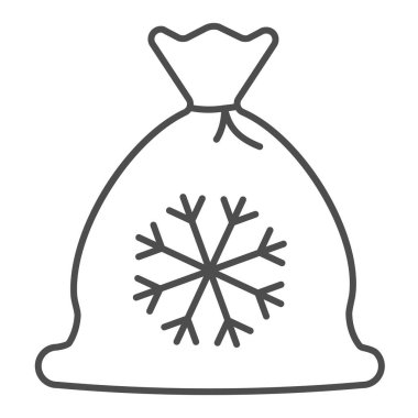 Kar tanesi torbası ince çizgi simgesi. Hediye çantası, beyaz arkaplanda resim çizimi. Mobil konsept ve web tasarımı için hediyeli Noel çantası ve kar tanesi imajı. Vektör grafikleri.