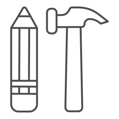 Çekiç ve kalem ince çizgi simgesi. İnşa ve sanat aracı, çivi ve çizim ögesi sembolü, beyaz arkaplanda taslak biçiminde resim çizimi. Mobil konsept için inşaat tabelası, web tasarımı. Vektör grafikleri.