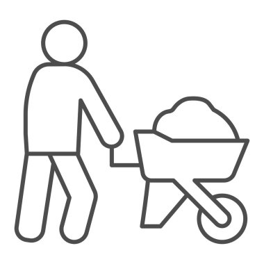 El arabası kumdan ince çizgi ikonu olan bir inşaatçı. İşçi ve çimento arabası sembolü, beyaz arka planda ana hatlı resim. Mobil konsept için inşaat tabelası, web tasarımı. Vektör grafikleri.