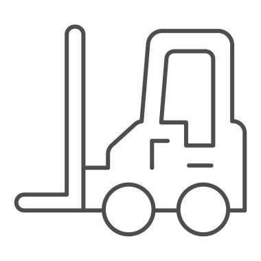 Yükleyici araç ince çizgi simgesi. Forklift araba ve istifleyici, kargo teslimat sembolü, beyaz arka planda taslak tarzı resim. Mobil konsept veya web tasarımı için ulaşım işareti. Vektör grafikleri.