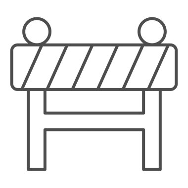 Bariyer çiti ince çizgi simgesi. İnşaat halinde, yol uyarı barikatı sembolü, beyaz arka planda ana hatlı resim. Mobil konsept ve web tasarımı için uyarı işareti. Vektör grafikleri.