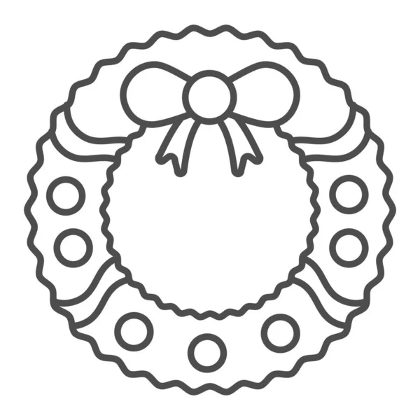 弓の細い線のアイコンでリースします。ラウンドクリスマス白い背景にガーランドアウトラインスタイルのピクトグラム松。モバイルコンセプトとウェブデザインのためのクリスマスの装飾記号。ベクトルグラフィックス. — ストックベクタ