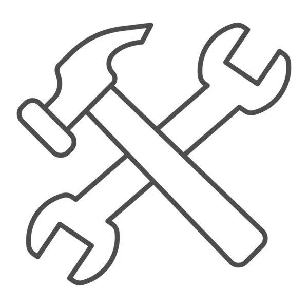 十字锤和扳手细线图标.修理工具和工人设备的符号,勾勒出白色背景的图案.移动概念的建筑标志,网页设计.矢量图形. — 图库矢量图片